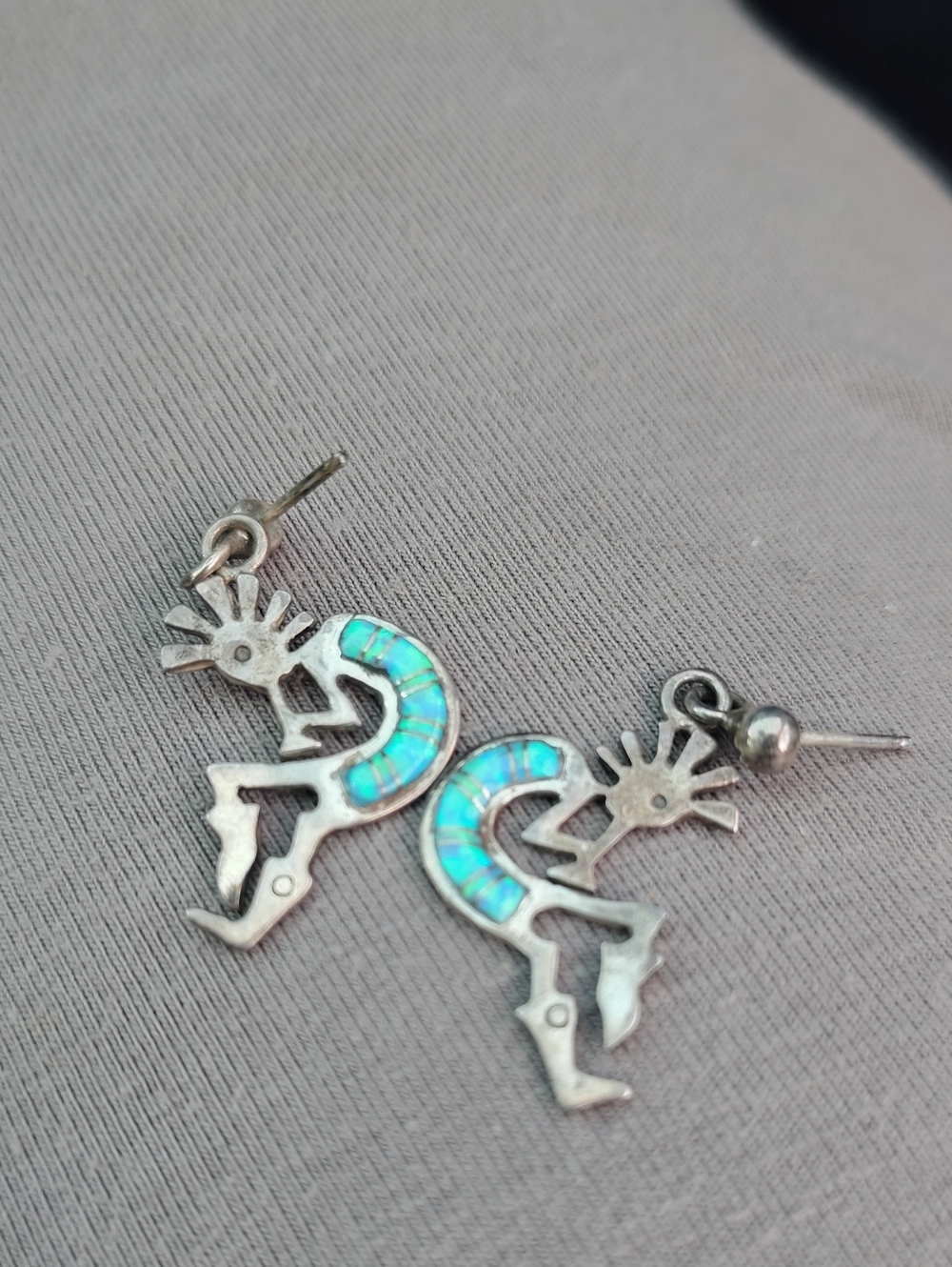 Silver Kokopelli Earrings with Turquoise Opal Inlay